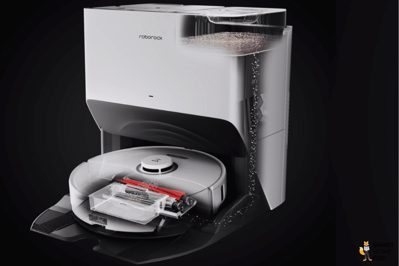 Die Funktionsweise der Absaugstation des Roborock S8 Pro Ultra ist zu sehen.